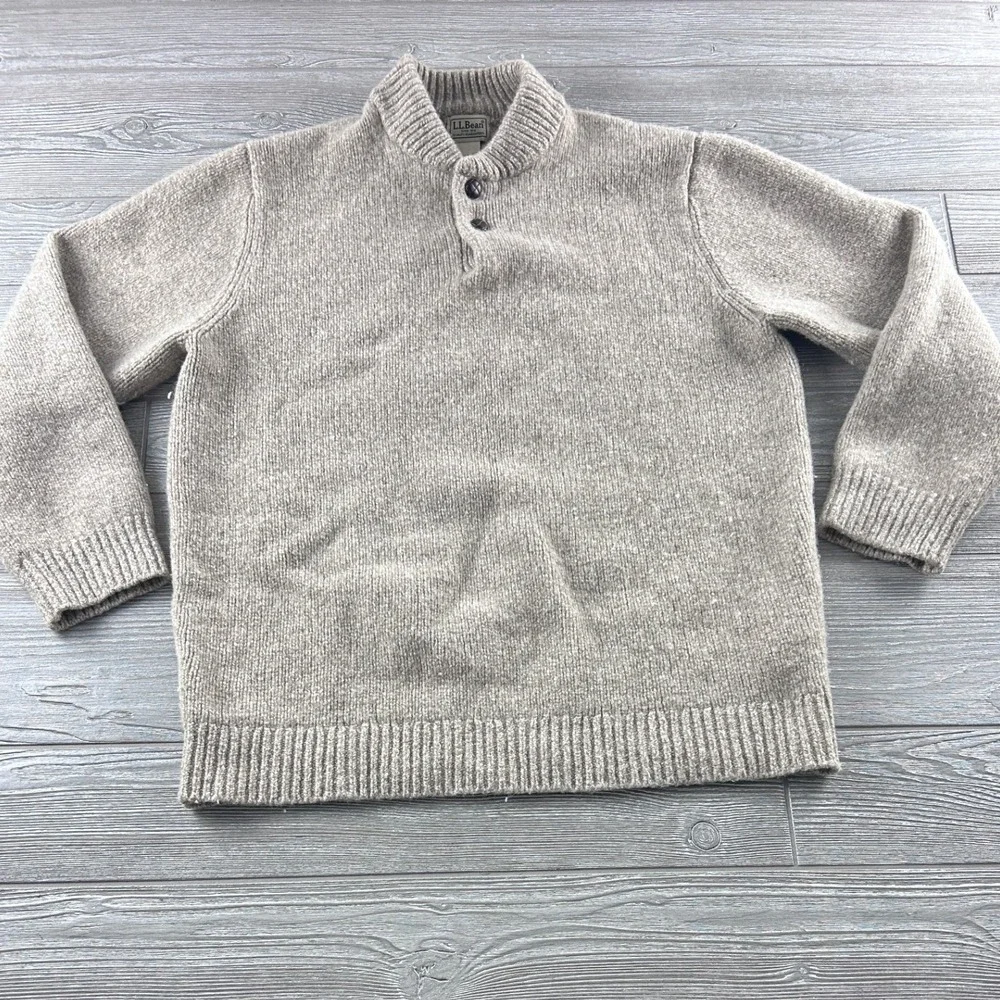 LL Bean Lambswool Henley Sweater Mens XL Tall Oatmeal Heather Mock Neck 285175